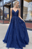Tulle Navy Blue A-line V-neck Long Prom Dresses With Lace Appliques PL414