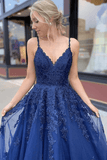 Tulle Navy Blue A-line V-neck Long Prom Dresses With Lace Appliques PL414 | tulle prom dresses | long formal dresses | evening gown | www.promnova.com
