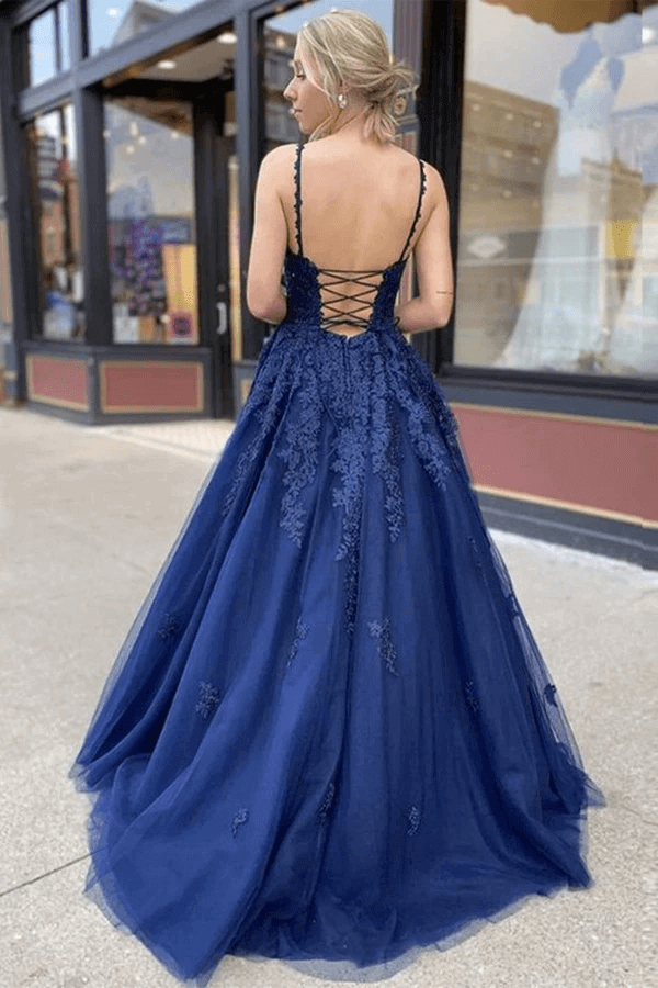 Tulle Navy Blue A line V neck Long Prom Dresses PL414 Promnova