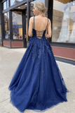 Tulle Navy Blue A-line V-neck Long Prom Dresses With Lace Appliques PL414 | tulle lace prom dress | navy blue prom dresses online | cheap prom dresses long | www.promnova.com