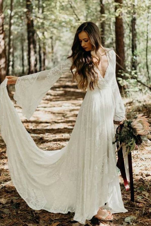 vintage boho wedding dress with sleeves Vintage A Line V Neck Long Sleeves Wedding Dresses PW339