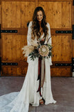 Vintage A Line V Neck Long Sleeves Wedding Dresses, Lace Wedding Gown, PW339 | beach wedding dresses | boho wedding dresses | wedding dresses stores | promnova.com