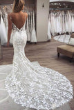 Vintage Mermaid V-neck Spaghetti Straps Lace Appliques Wedding Dresses PW272 | mermaid wedding dress | cheap lace wedding dresses | bridal gown | www.promnova.com