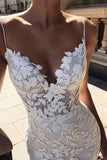 Vintage Mermaid V-neck Spaghetti Straps Lace Appliques Wedding Dresses PW272 | mermaid lace wedding dress | cheap lace wedding dress | bridal gown | www.promnova.com