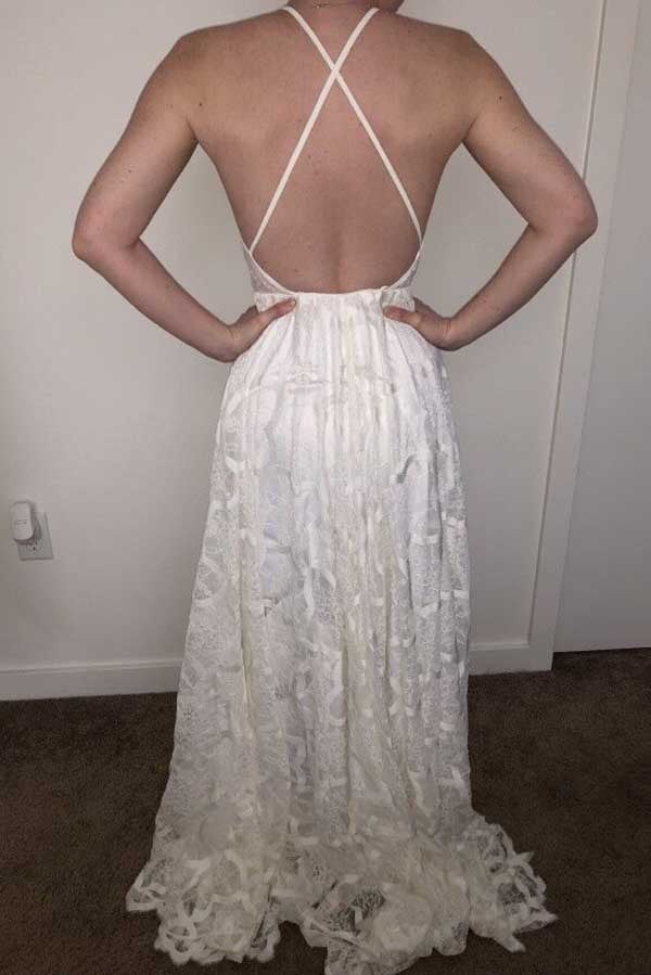 White Halter Backless Lace Wedding Dresses With Sweep Train, Bridal Gowns PW277 | backless wedding dresses | summer wedding dresses | bridal outfit | www.promnova.com