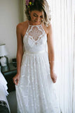 White Halter Backless Lace Wedding Dresses With Sweep Train, Bridal Gowns PW277