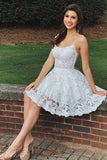 White Lace A Line Spaghetti Straps Homecoming Dresses, Short Party Dress, PH375 | white homecoming dresses | lace homecoming dresses | short prom dress | promnova.com