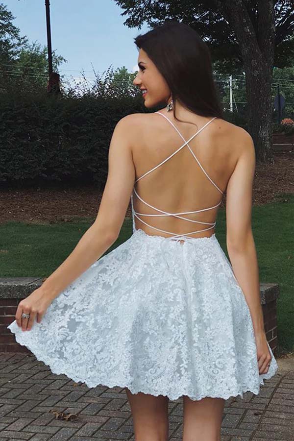 White Lace A Line Spaghetti Straps Homecoming Dress PH375 Promnova