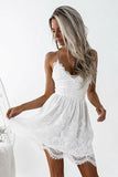White Lace A Line Spaghetti Straps Homecoming Dresses, Short Prom Dresses, PH405