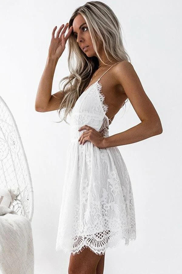 White Lace A Line Spaghetti Straps Homecoming Dresses, Short Prom Dresses, PH405 | cute homecoming dresses | cheap homecoming dresses | school event dress | promnova.com