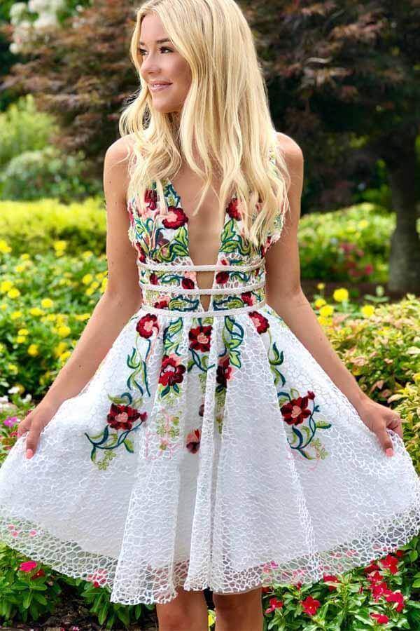 White Lace Floral A Line V Neck Homecoming Dresses PH376 | Promnova US18W / As Picture White Lace Floral A Line V Neck Homecoming Dresses PH376 | Promnova US18W / As Picture