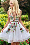 White Lace Floral Print A Line V Neck Homecoming Dresses, Short Prom Dress, PH376