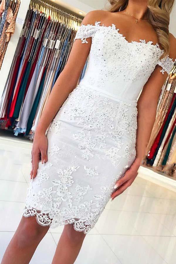 mermaid hoco dresses White Lace Mermaid Off-the-Shoulder Homecoming Dress PH382