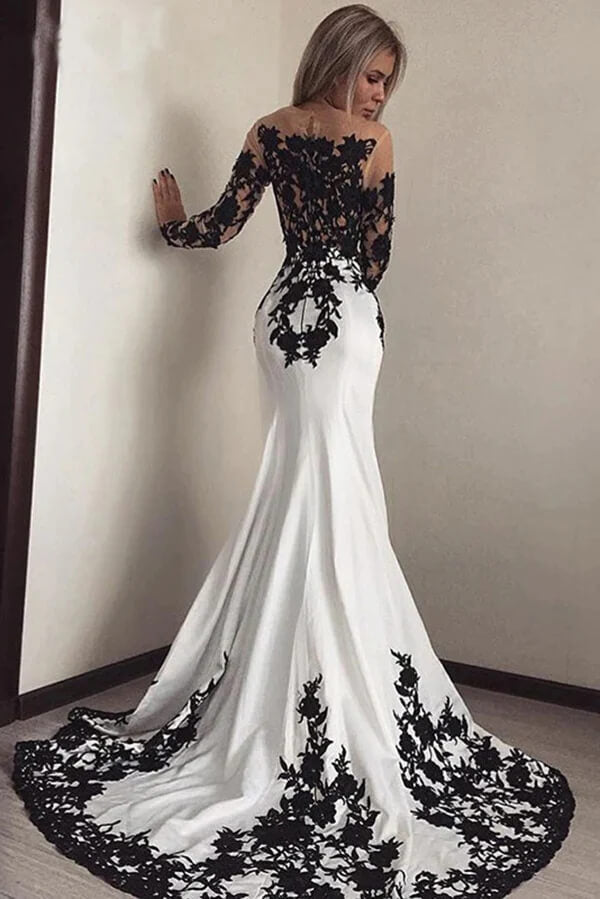 White Satin Mermaid Long Prom Dresses With Black Lace, Evening Dress, PL523