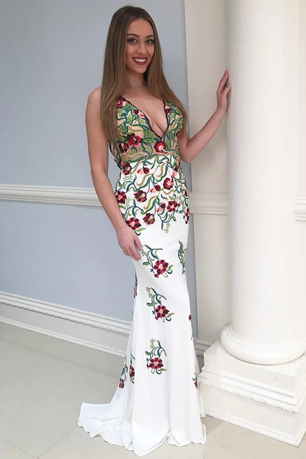 White Satin Mermaid Floral Print Prom Dresses, PL512