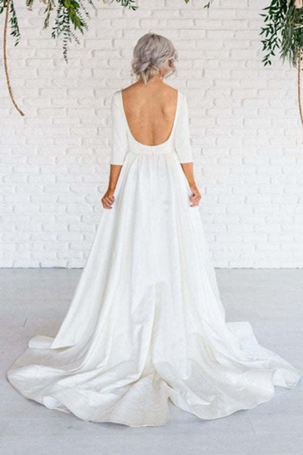 White Simple A-line Satin 3/4 Sleeve Backless Wedding Dresses With Sweep Train US6 / Custom Color White Simple A-line Satin 3/4 Sleeve Backless Wedding Dresses With Sweep Train US6 / Custom Color