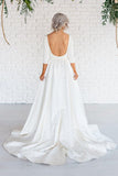 White Simple A-line Satin 3/4 Sleeve Backless Wedding Dresses With Sweep Train from promnova.com