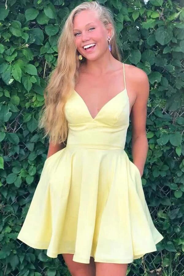 Yellow A Line V Neck Spaghetti Strap Homecoming Dress PH411 | Promnova US6 / As Picture Yellow A Line V Neck Spaghetti Strap Homecoming Dress PH411 | Promnova US6 / As Picture