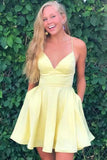 Yellow A Line V Neck Spaghetti Straps Homecoming Dresses With Pockets, PH411 | yellow homecoming dresses | cheap homecoming dresses | short party dresses | promnova.com