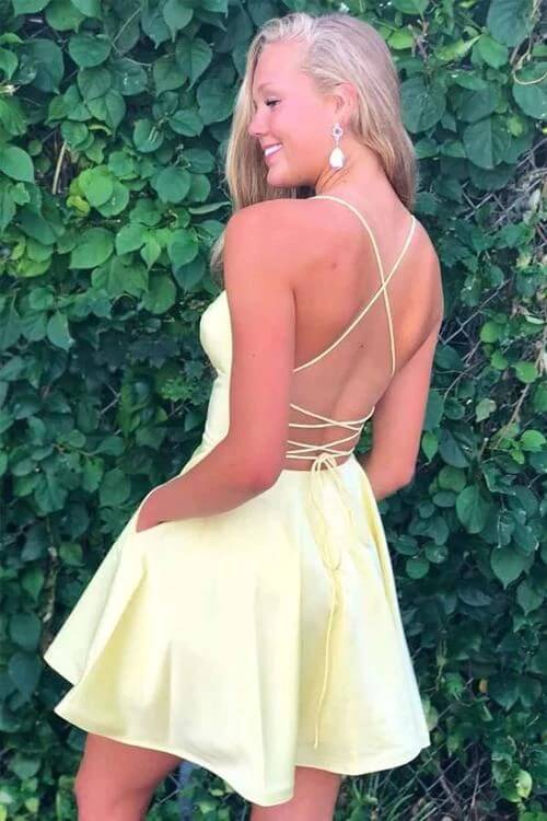 Yellow A Line V Neck Spaghetti Straps Homecoming Dresses With Pockets, PH411 | simple homecoming dresses | short prom dresses | school event dresses | promnova.com