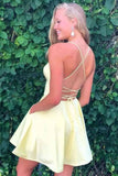 Yellow A Line V Neck Spaghetti Straps Homecoming Dresses With Pockets, PH411 | simple homecoming dresses | short prom dresses | school event dresses | promnova.com