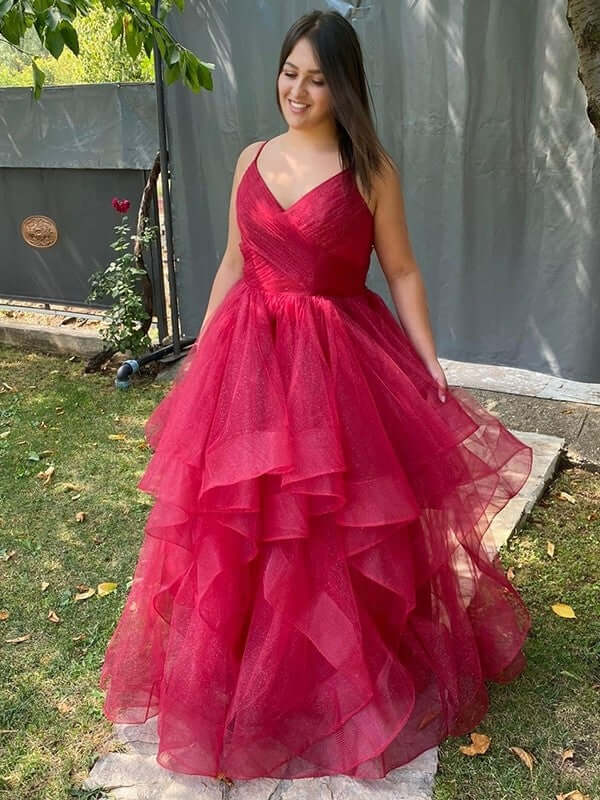 Yellow Layered Tulle A-line V-neck Long Prom Dresses PL473 | Promnova Yellow Layered Tulle A-line V-neck Long Prom Dresses PL473 | Promnova