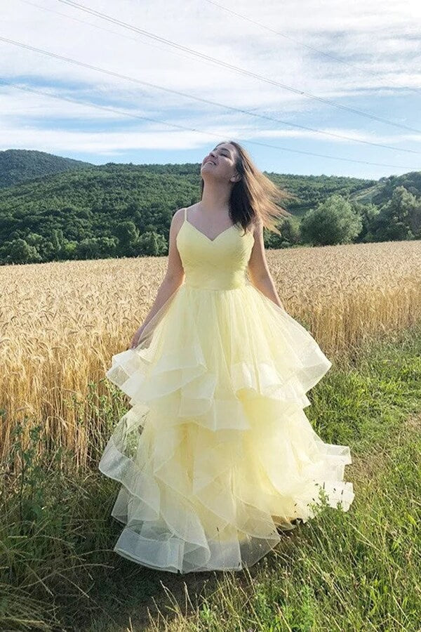 Yellow Layered Tulle A-line V-neck Long Prom Dresses PL473 | Promnova US10 / Yellow Yellow Layered Tulle A-line V-neck Long Prom Dresses PL473 | Promnova US10 / Yellow