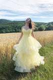 Yellow Layered Tulle A-line V-neck Long Prom Dresses, Evening Gowns, PL473