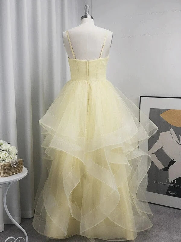 Yellow Layered Tulle A-line V-neck Long Prom Dresses PL473 | Promnova Yellow Layered Tulle A-line V-neck Long Prom Dresses PL473 | Promnova