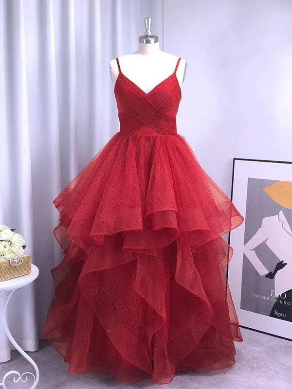 Red Layered Tulle A-line V-neck Long Prom Dresses, Evening Gowns, PL473 | a line prom dresses | long prom dresses online | cheap prom dresses near me | promnova.com