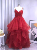 Red Layered Tulle A-line V-neck Long Prom Dresses, Evening Gowns, PL473 | a line prom dresses | long prom dresses online | cheap prom dresses near me | promnova.com