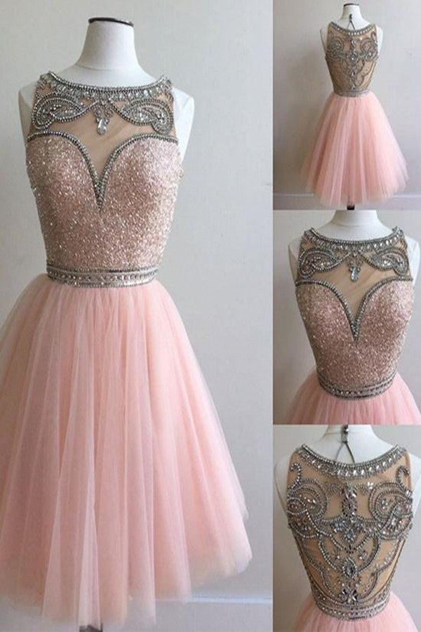 Pink Tulle Rhinestones Short Prom Dress Homecoming Dress For Teens,PH314