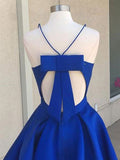 www.promnova.com|Simple V-neck Blue Satin Sleeveless Short Prom Dress Homecoming Dress