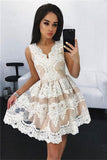 Cute White Lace Appliques V Neck Short Prom Dress Homecoming Dress,PH328