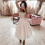 A Line Pearl Pink Tea Length Spaghetti Strap Homecoming Dress With Beading |promnova.com