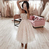 A Line Pearl Pink Tea Length Spaghetti Strap Homecoming Dress With Beading |promnova.com