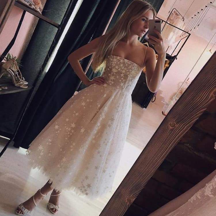Spaghetti Strap Tea Length Pearl Pink Homecoming Dress With Beading US10 / Custom Color Spaghetti Strap Tea Length Pearl Pink Homecoming Dress With Beading US10 / Custom Color
