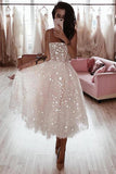 A Line Pearl Pink Tea Length Spaghetti Strap Homecoming Dress With Beading |www.promnova.com