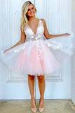 Pink Tulle A-line V Neck Sleeveless Open back Short Homecoming Dress |www.promnova.com