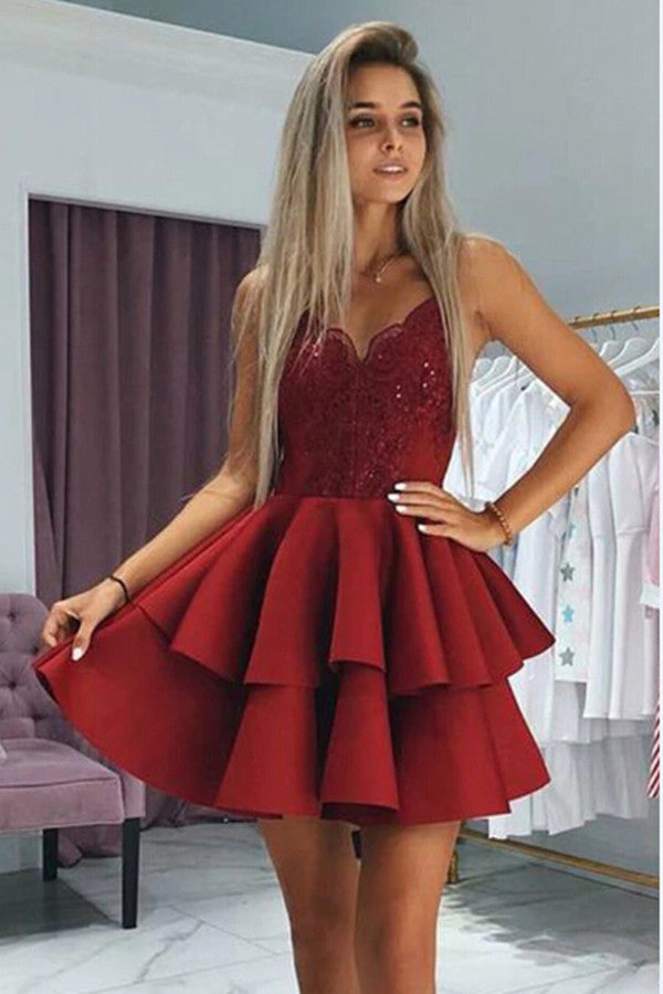 Red Appliqued Spaghetti Straps Homecoming Dresses With Beading|www.promnova.com