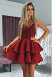 Red Appliqued Spaghetti Straps Homecoming Dresses With Beading|www.promnova.com