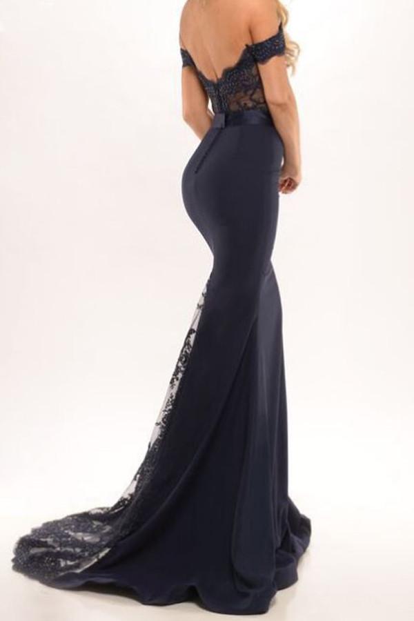 Mermaid Off the Shoulder Navy Blue Prom Dress Evening Dresses US8 / Custom Color Mermaid Off the Shoulder Navy Blue Prom Dress Evening Dresses US8 / Custom Color