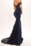 Mermaid Open Back Off the Shoulder Navy Blue Prom Dress With Sash |www.promnova.com