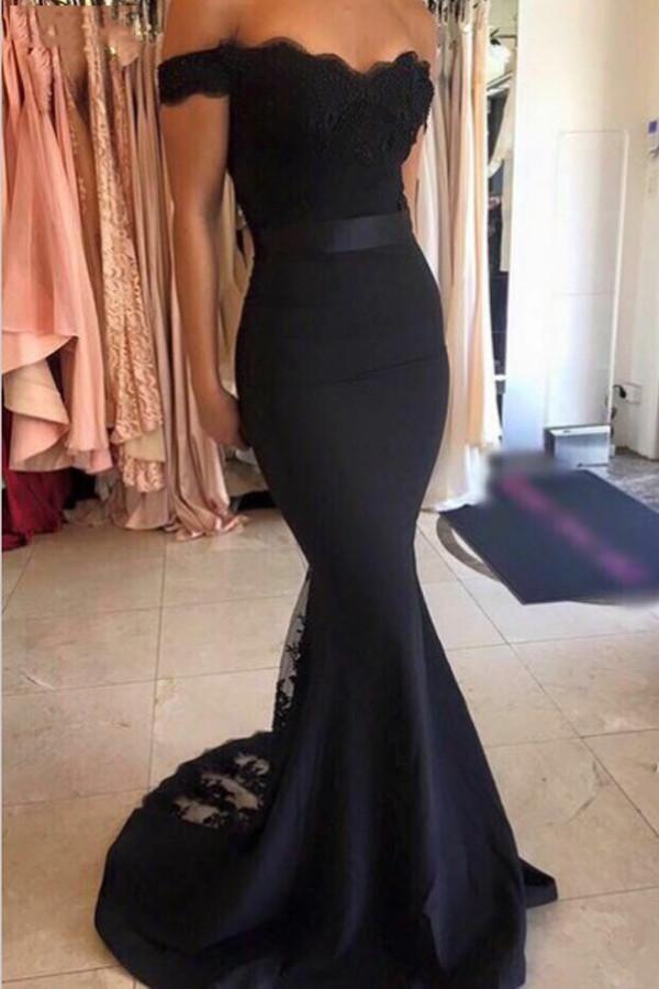 Mermaid Open Back Off the Shoulder Navy Blue Prom Dress With Sash – Promnova