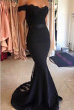 Mermaid Open Back Off the Shoulder Navy Blue Prom Dress With Sash | promnova.com