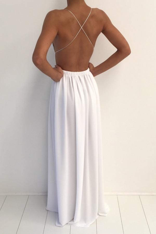 Sexy White Chiffon V-neck Spaghetti Strap Prom Dress With Front Split Promnova Sexy White Chiffon V-neck Spaghetti Strap Prom Dress With Front Split Promnova