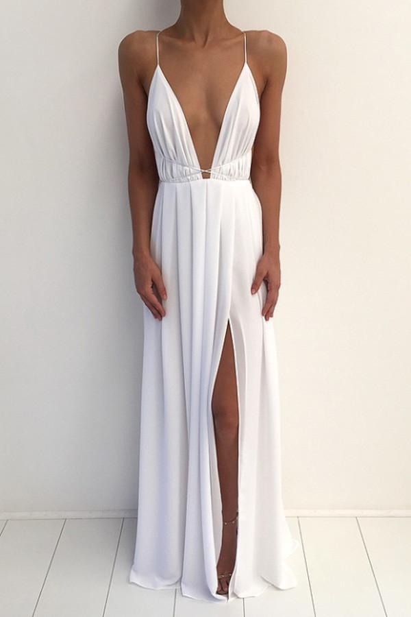 Sexy White Chiffon V-neck Spaghetti Strap Prom Dress With Front Split |promnova.com