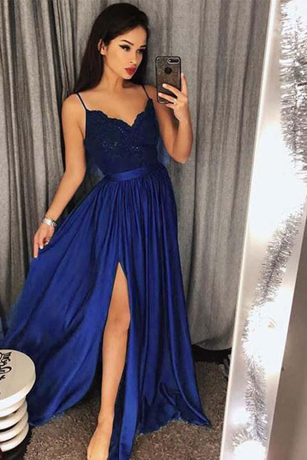 Sexy Lace Blue/ Green V-Neck Bodice Prom Dress Evening Dres Slit Side| promnova.com