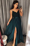 Sexy Lace Blue/ Green V-Neck Bodice Prom Dress Evening Dres Slit Side |www.promnova.com