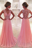 Pink Lace Chiffon V-Neck Sleeveless Court Train Prom Dress Evening Dress PL341